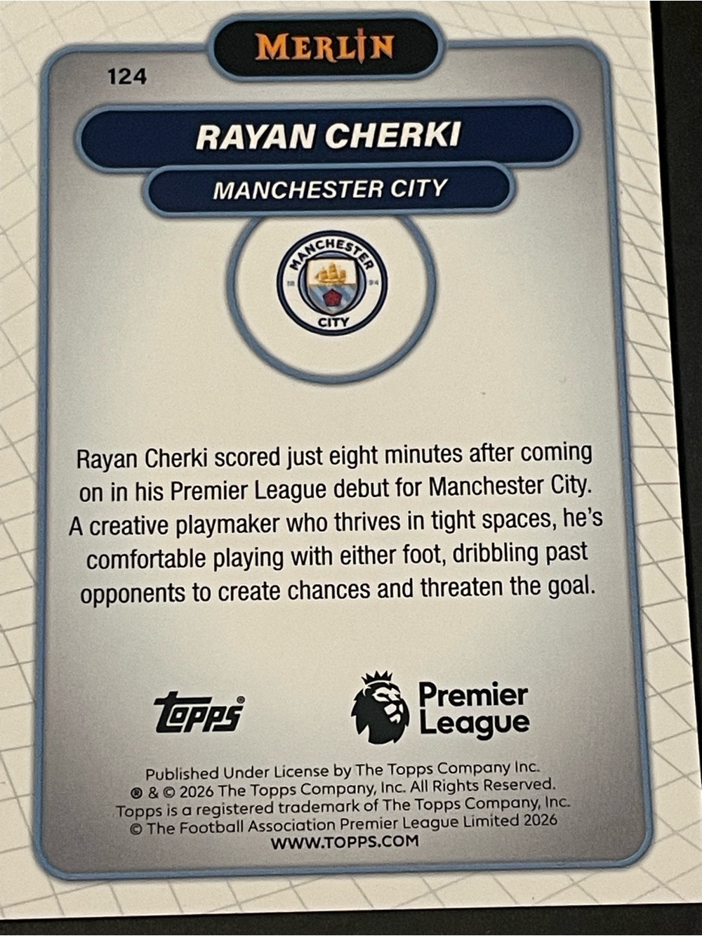 2026 Topps Merlin Premier League Rayan Cherki #124 Manchester City Base Card - Picture 4 of 4